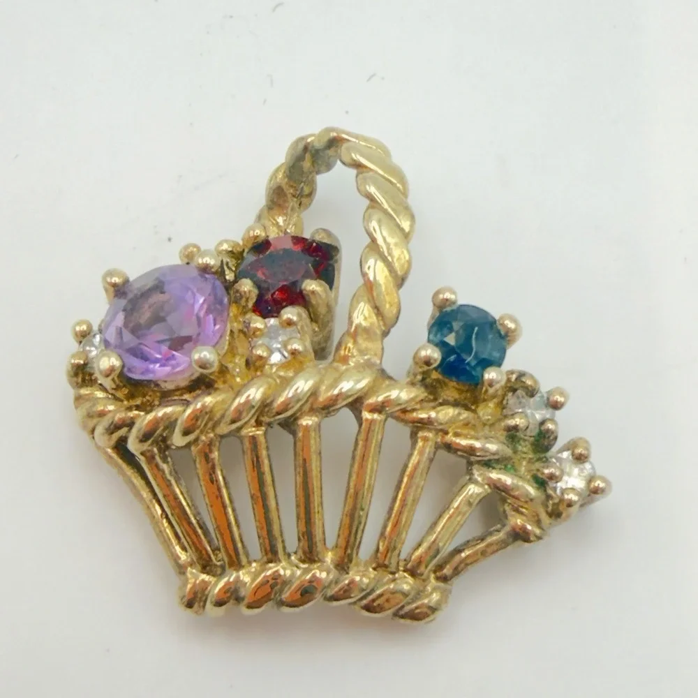 Vtg Sterling Silver Flower Basket Pendant Saphire Garment Amethyst Vermeil 925